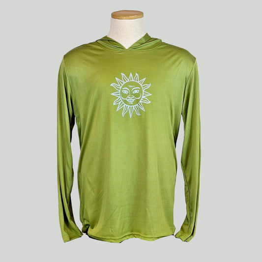 Green long-sleeve shirt with a sun design on a mannequin against a white background