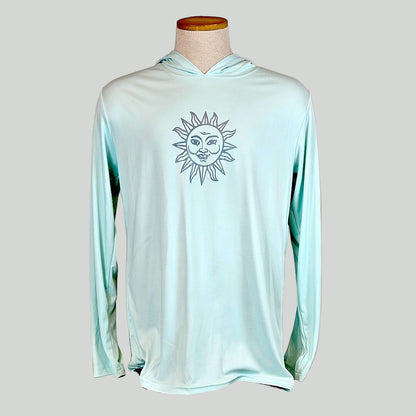 Light blue long-sleeve shirt with a sun design on a mannequin against a gray background