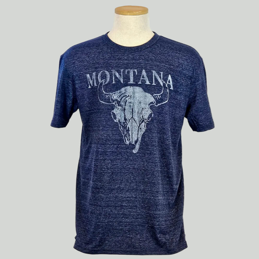 Navy blue t-shirt with a graphic of a bull skull and 'Montana' text on a mannequin against a white background