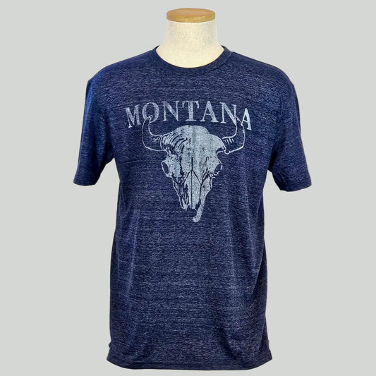 Navy blue t-shirt with a graphic of a bull skull and 'Montana' text on a mannequin against a white background