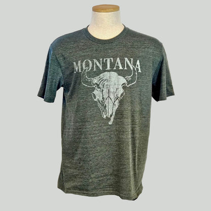 Gray t-shirt with a bull skull graphic and 'Montana' text on a mannequin against a white background