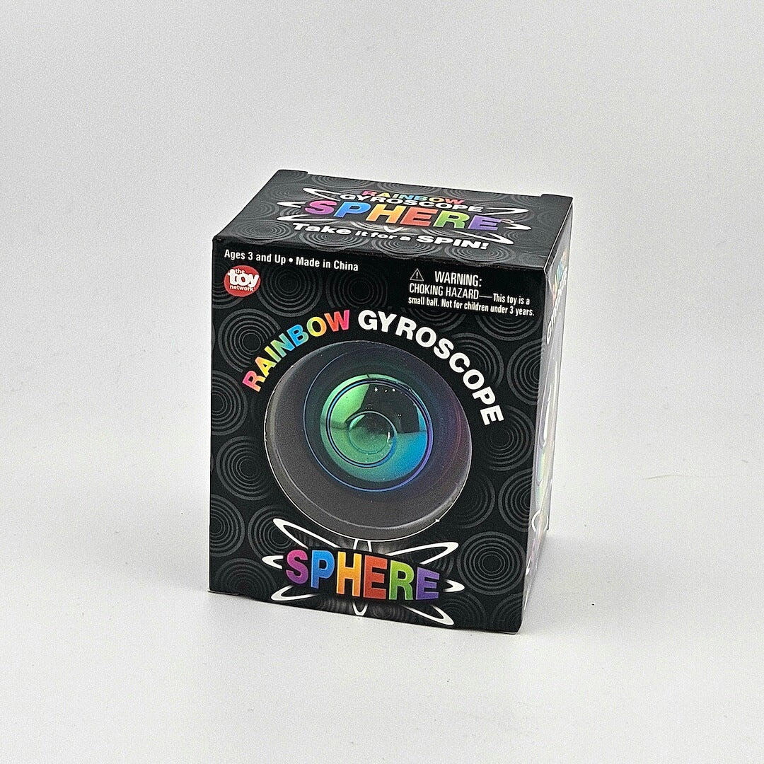 Box of a Rainbow Gyroscope Sphere toy on a gray background