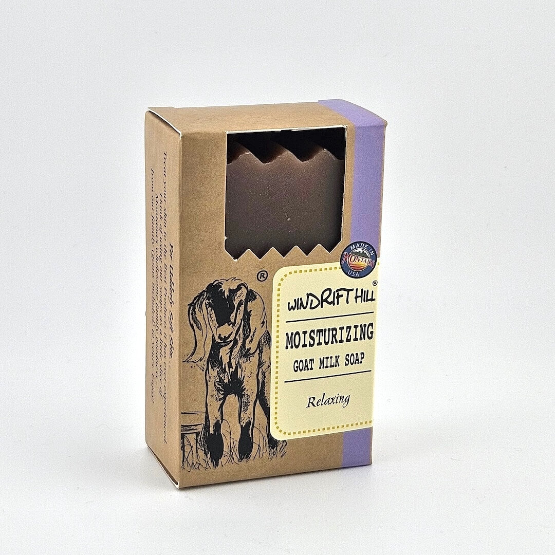 Box of Windrift Hill moisturizing goat milk soap on a gray background
