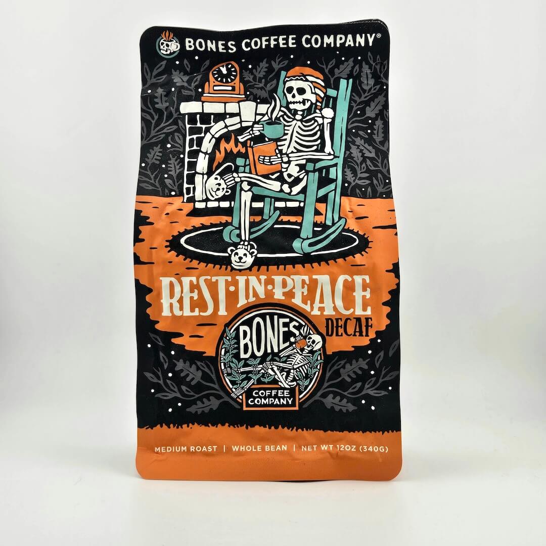 Coffee bag from Bones Coffee Company with skeleton design on a white background