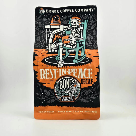 Coffee bag from Bones Coffee Company with skeleton design on a white background