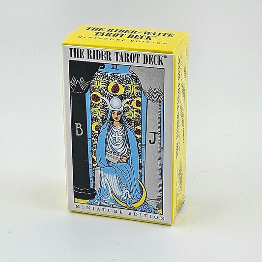 Miniature tarot deck box with image of high priestess in blue white robes in between pillars, one white & one black.
