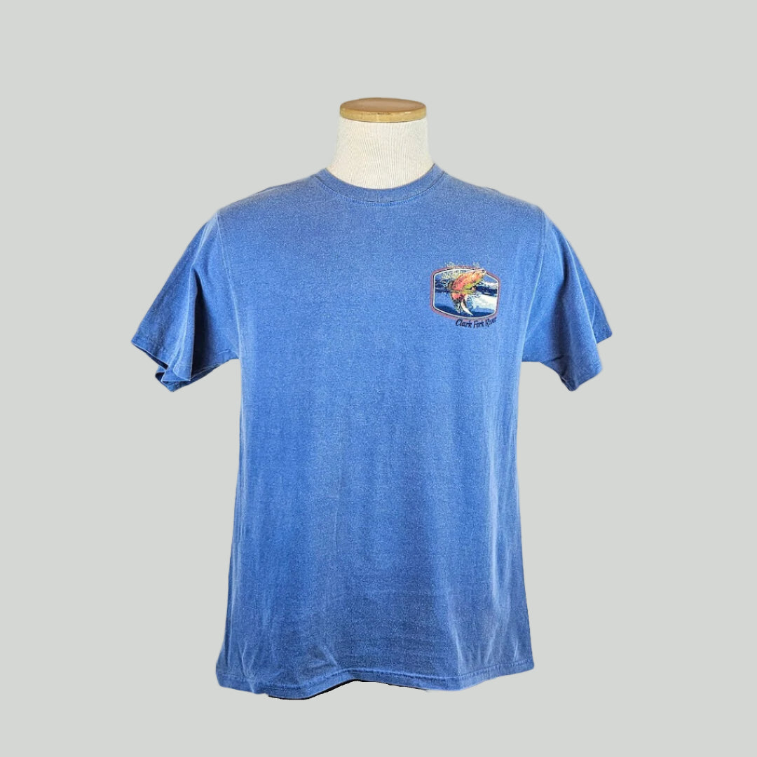 Blue t-shirt with a fish chest graphic on a mannequin against a white background