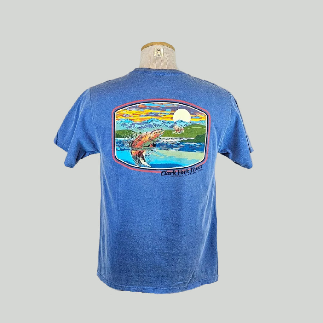 Blue t-shirt with a graphic of a fish and nature scene on a mannequin against a white background