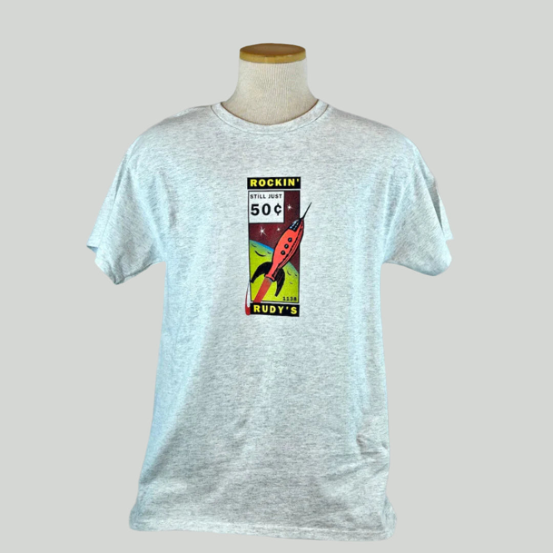 Gray t-shirt with a stamp-like colorful graphic on a mannequin against a white background