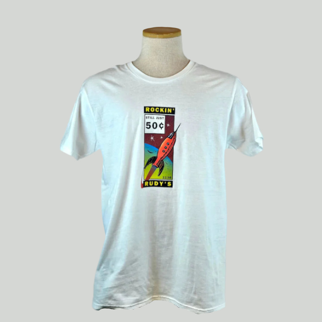 White t-shirt with a stamp like graphic design on a mannequin against a white background