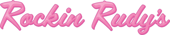 "Rockin Rudy's" written in pink scripts with darker pink stroke outlining. 