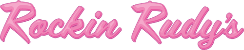 "Rockin Rudy's" written in pink scripts with darker pink stroke outlining. 