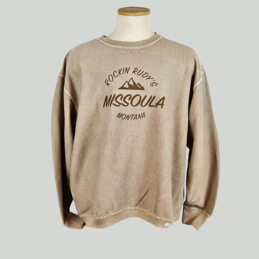 Beige sweatshirt with text and mountain graphic on a mannequin against a white background