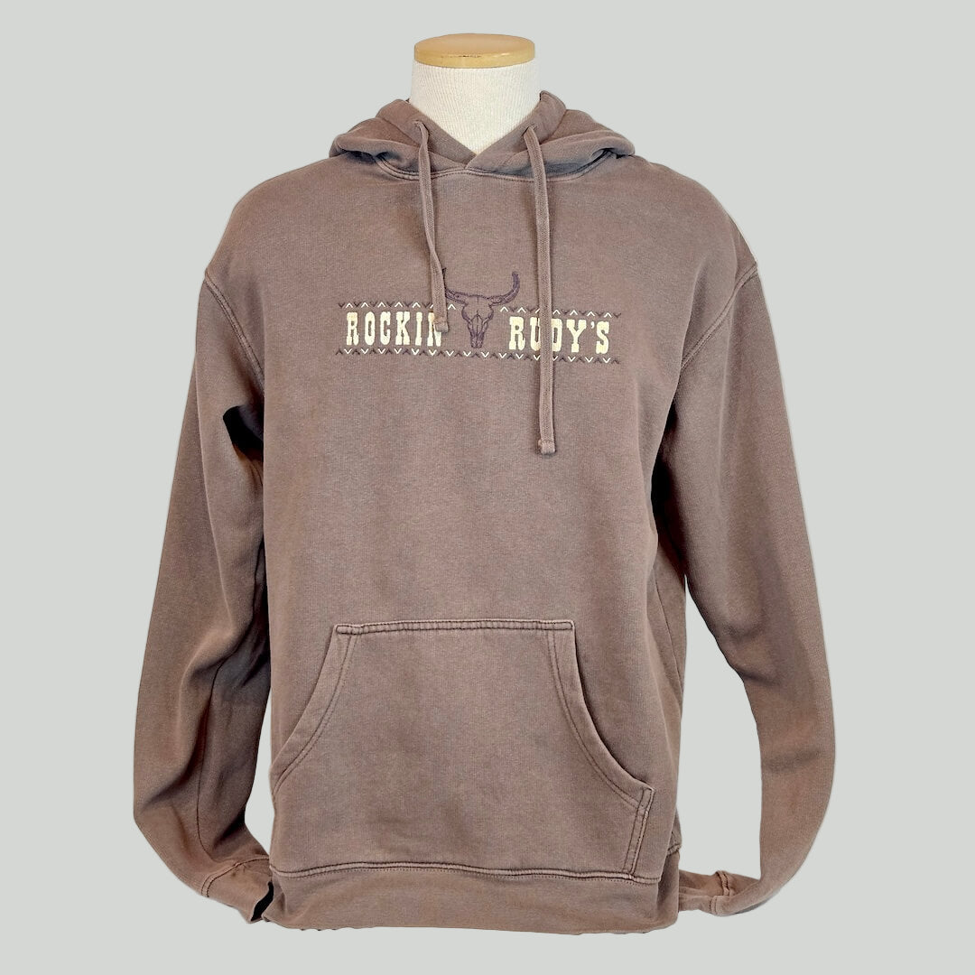 Brown hoodie with 'Rockin Rudy's' text on a mannequin against a gray background