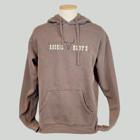 Brown hoodie with 'Rockin Rudy's' text on a mannequin against a gray background
