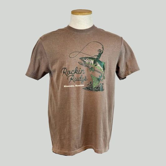 Brown t-shirt with fish graphic and text on a mannequin against a white background