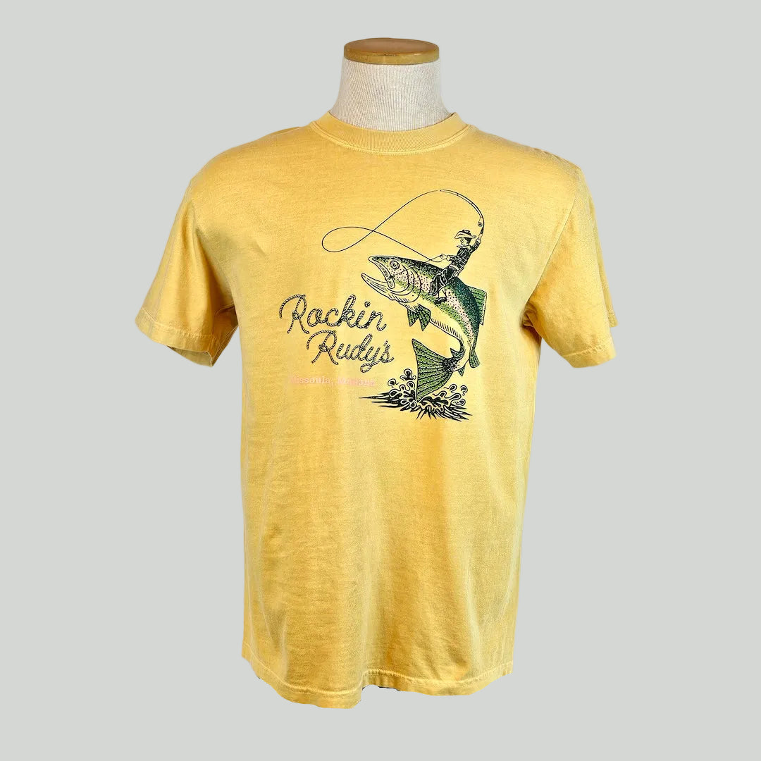 Yellow t-shirt with fishing graphic and text on a mannequin against a white background