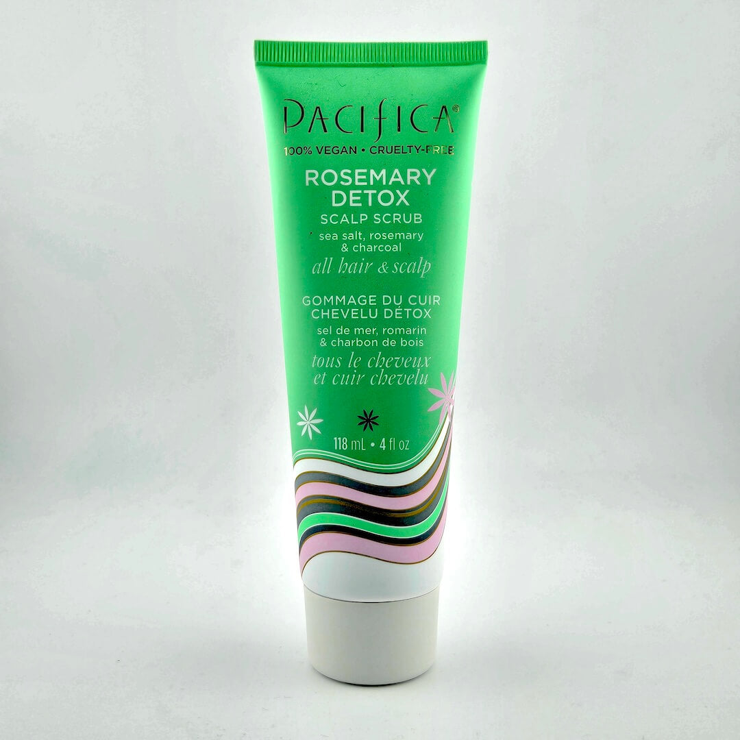 Green tube of Pacifica Rosemary Detox Scalp Scrub on a white background