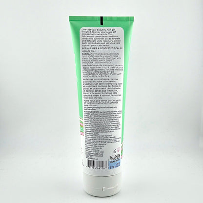 Back of a green and white shampoo bottle with text on a white background