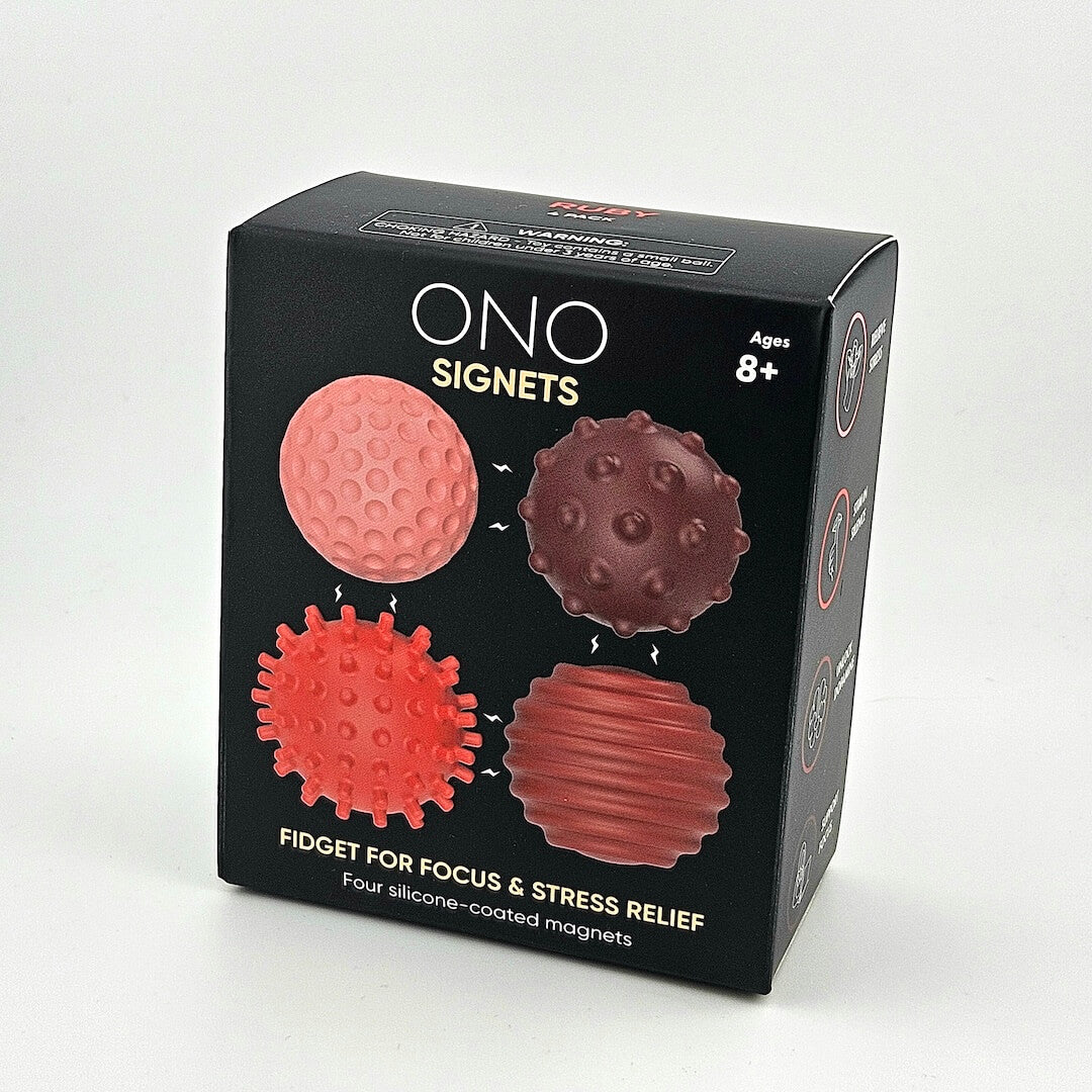 Box of ONO Signets fidget toys with red and pink textured balls on a white background