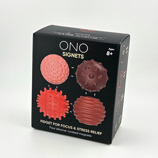 Box of ONO Signets fidget toys with red and pink textured balls on a white background