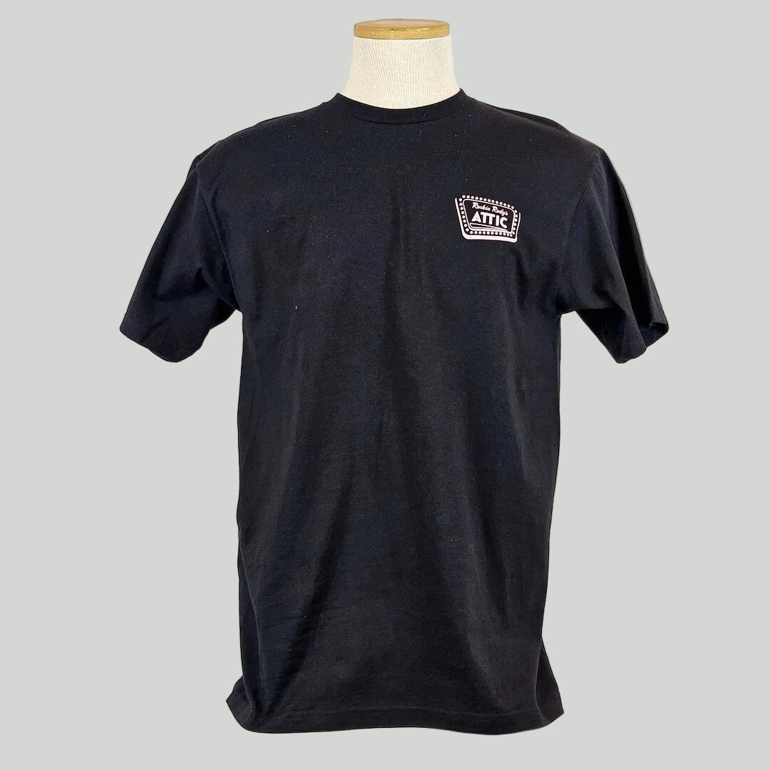Black t-shirt with a logo on a mannequin against a white background