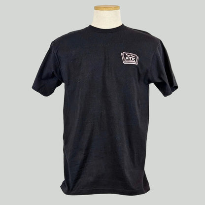 Black t-shirt with a logo on a mannequin against a white background