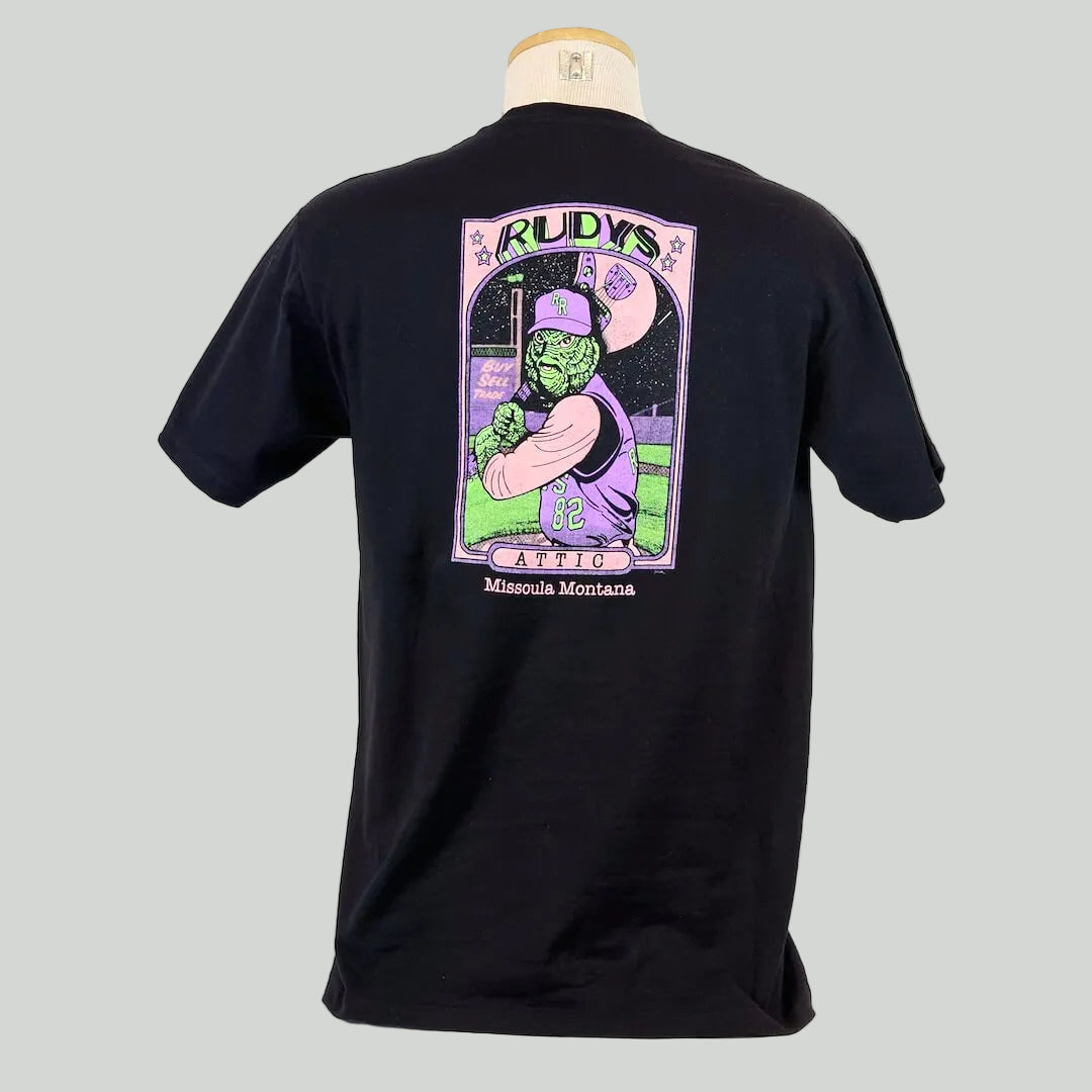 Black t-shirt with a graphic design on the back, displayed on a mannequin against a white background.