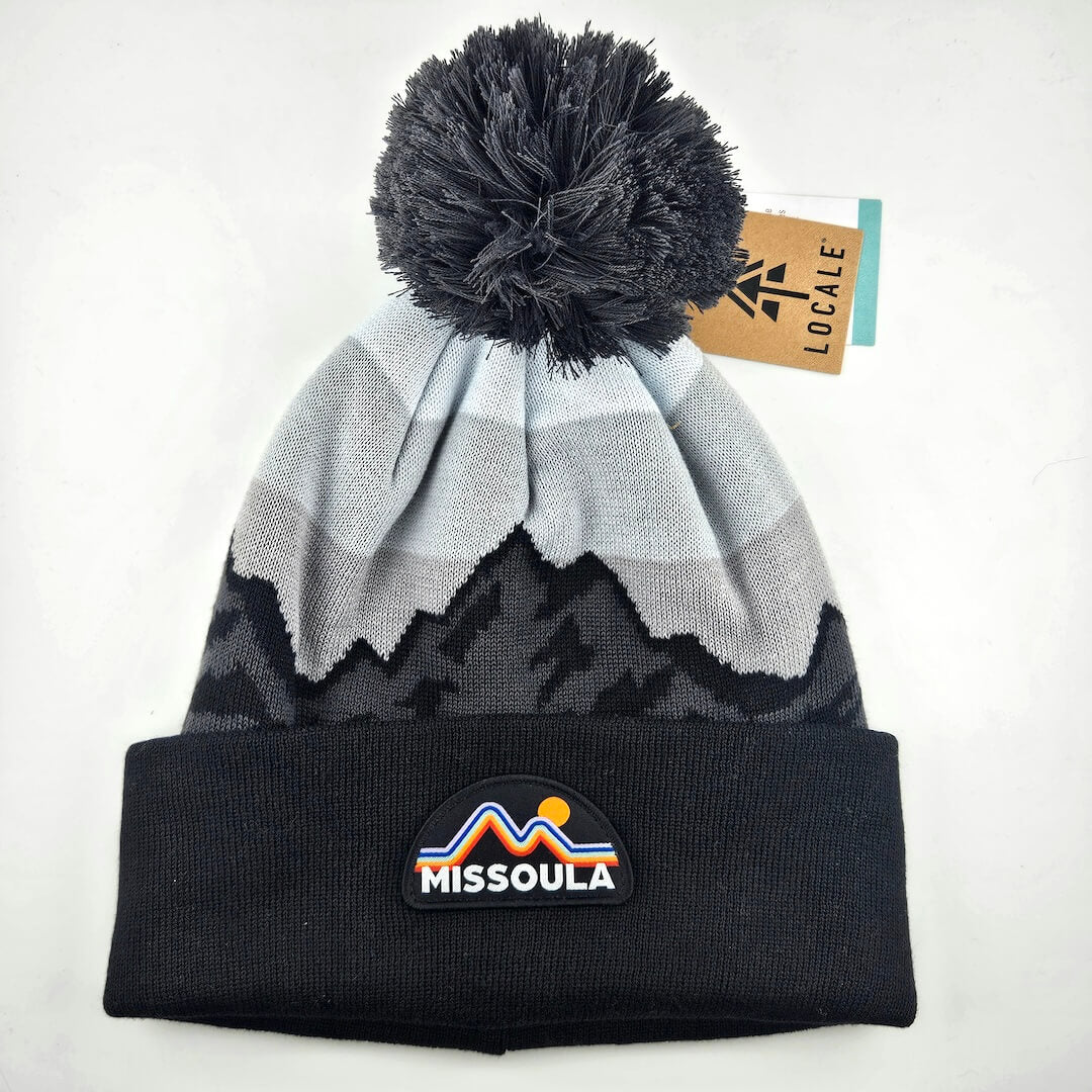 Beanie with mountain design and Missoula logo on a white background