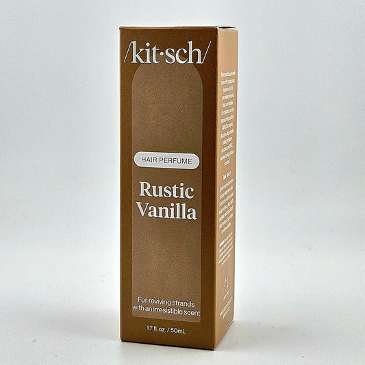 Brown box of 'kitsch' Rustic Vanilla hair perfume on a white background