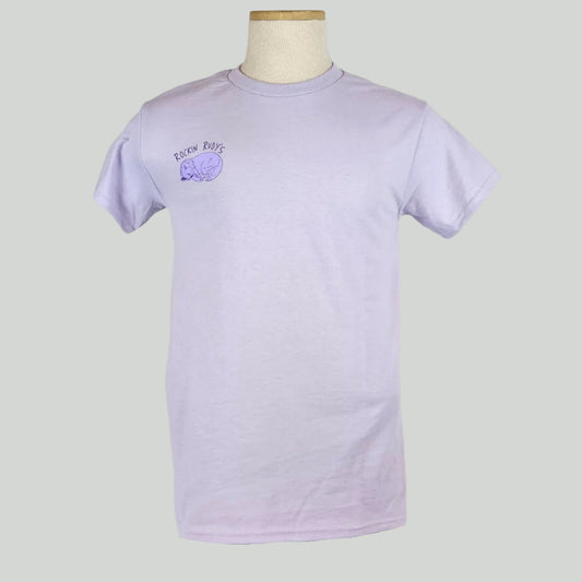 Lavender t-shirt with purple curled up cat on  left breast below "Rockin Rudy's."
