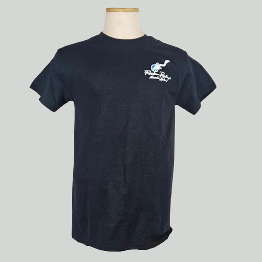 Black t-shirt with blue, wavy neck guitar on breast above "Rockin Rudy's, Missoula, Montana" written in white script.