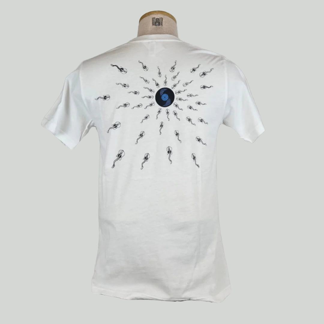 White shirt with vinyl record off-center with wavy neck guitars radiating from it. Design stretches across back.