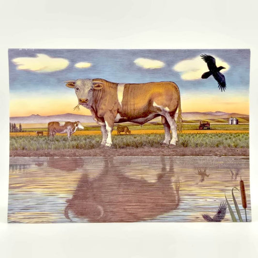Illustration of herd of cows grazing in field with bird in the sky. 