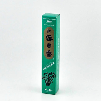 blue-green box of 50 incense sticks with Japanese writing above bonsai tree packaging on gray background.
