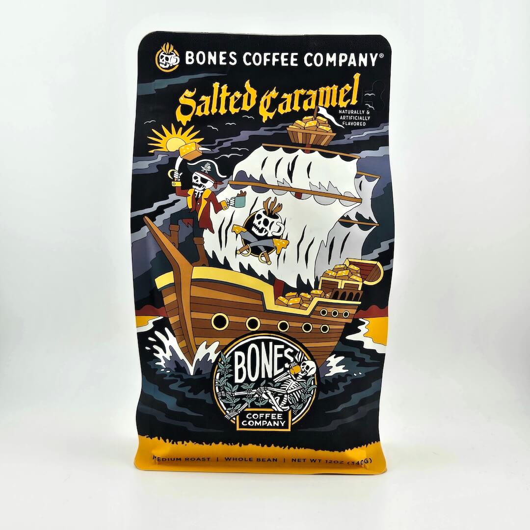 Coffee bag from Bones Coffee Company with pirate ship design on a white background