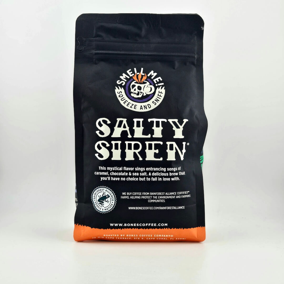 Black coffee bag with "Bones Coffee Company" branding and skeleton illustration. 
