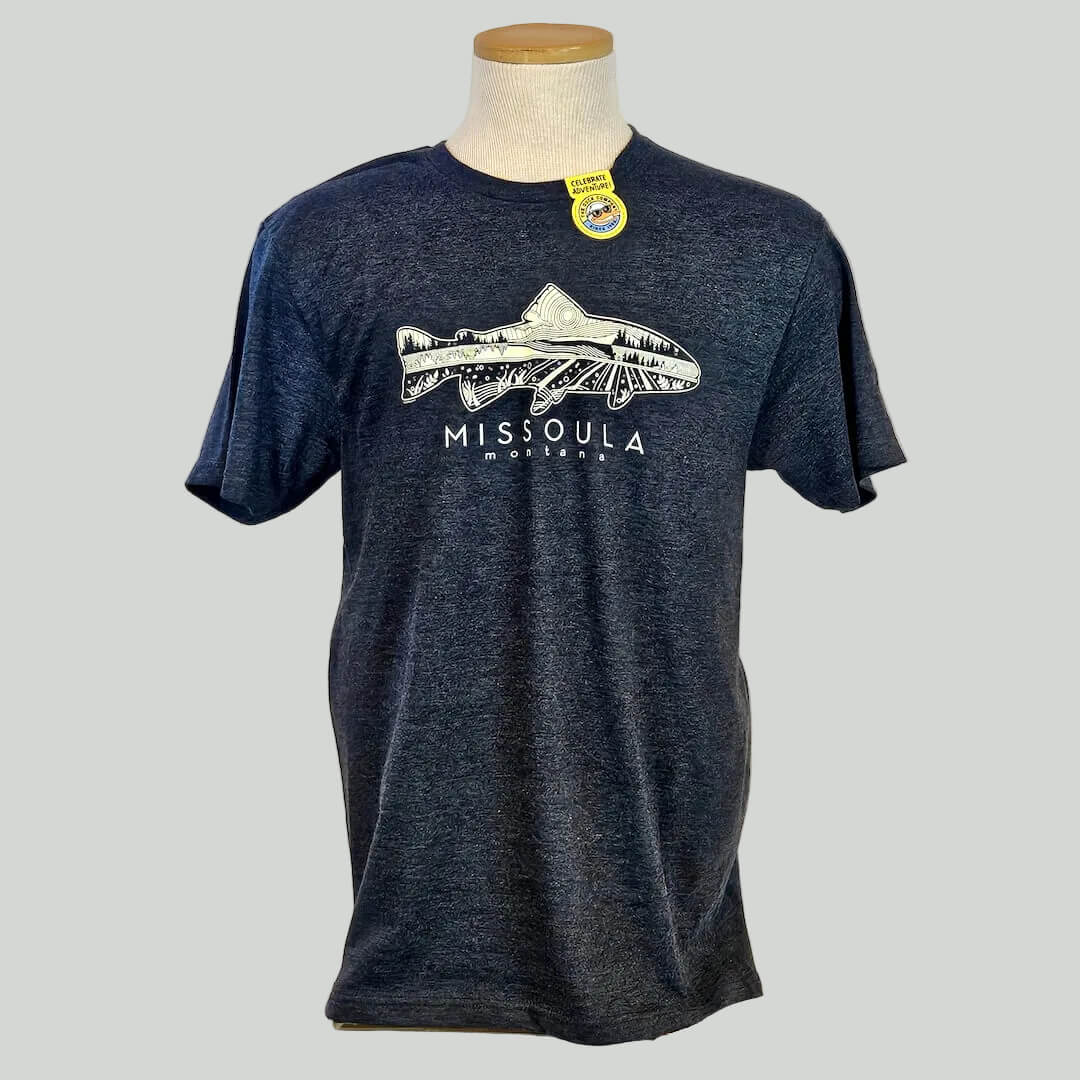Navy t-shirt with white graphic and text on a mannequin against a light background