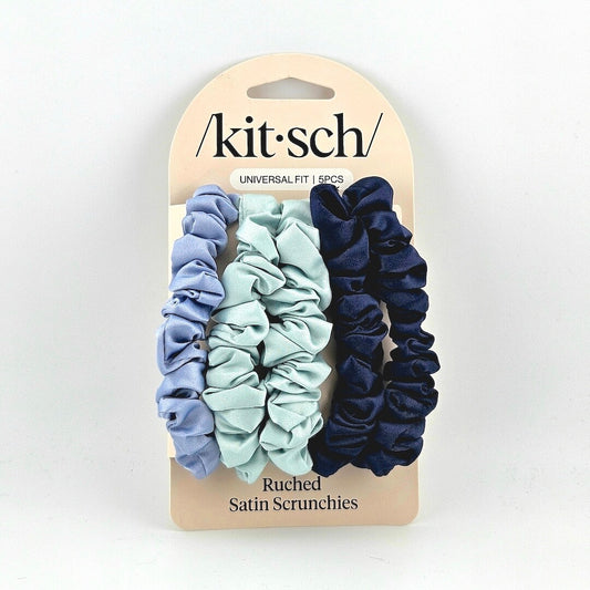 Set of satin scrunchies in blue shades on a 'kitsch' branded card.