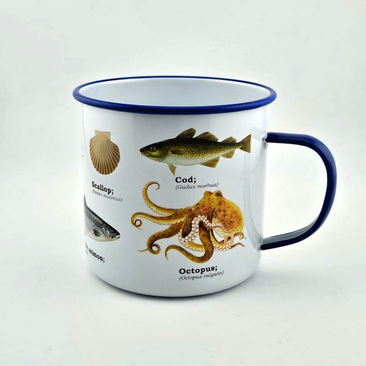 Mug with illustrations of sea life and their names on a white background