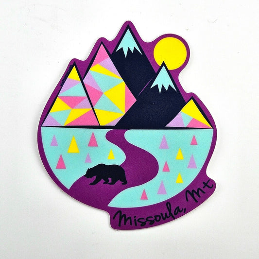 Colorful mountain and bear designed sticker with 'Missoula, MT' text on a white background