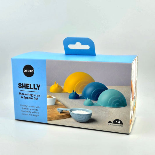 Blue box packaging for snail shaped measuring cups and spoons against white background.