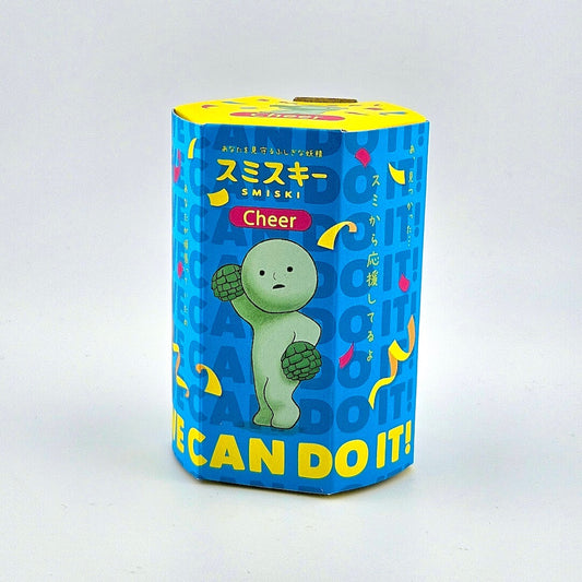 Blue box with a green character and text on a white background