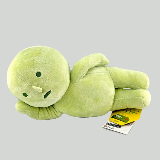 Green plush toy with a tag on a white background