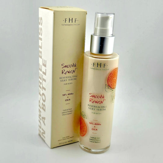 FHF Smooth Reveal serum bottle and packaging on a gray background