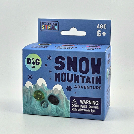 Snow Mountain Adventure dig kit packaging with blue and green design on a white background