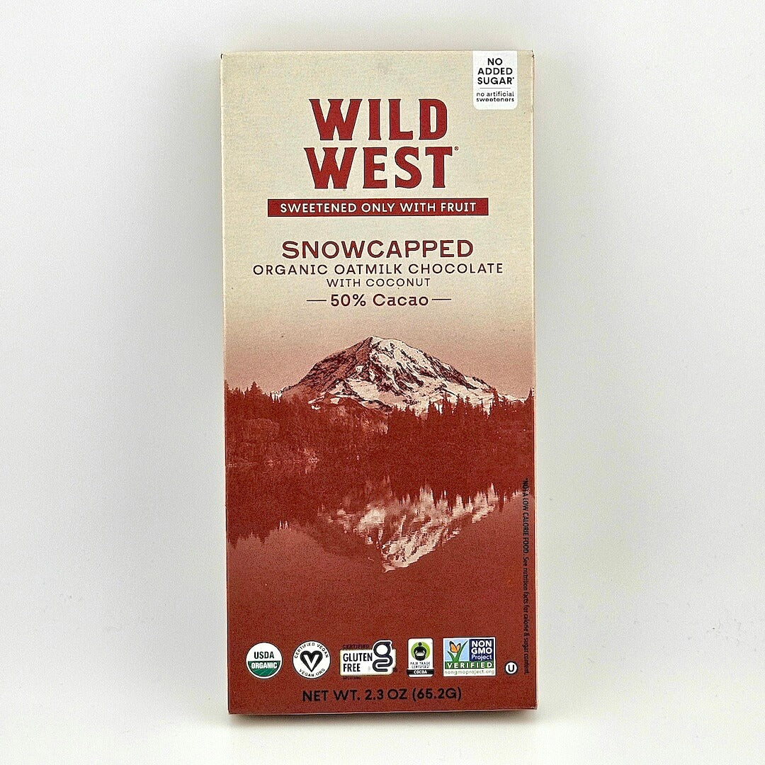 Box of Wild West Snowcapped Organic Oatmilk Chocolate with Coconut on a white background
