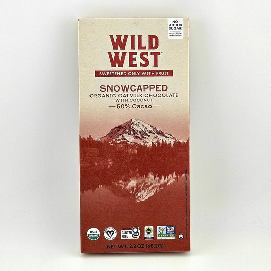 Box of Wild West Snowcapped Organic Oatmilk Chocolate with Coconut on a white background