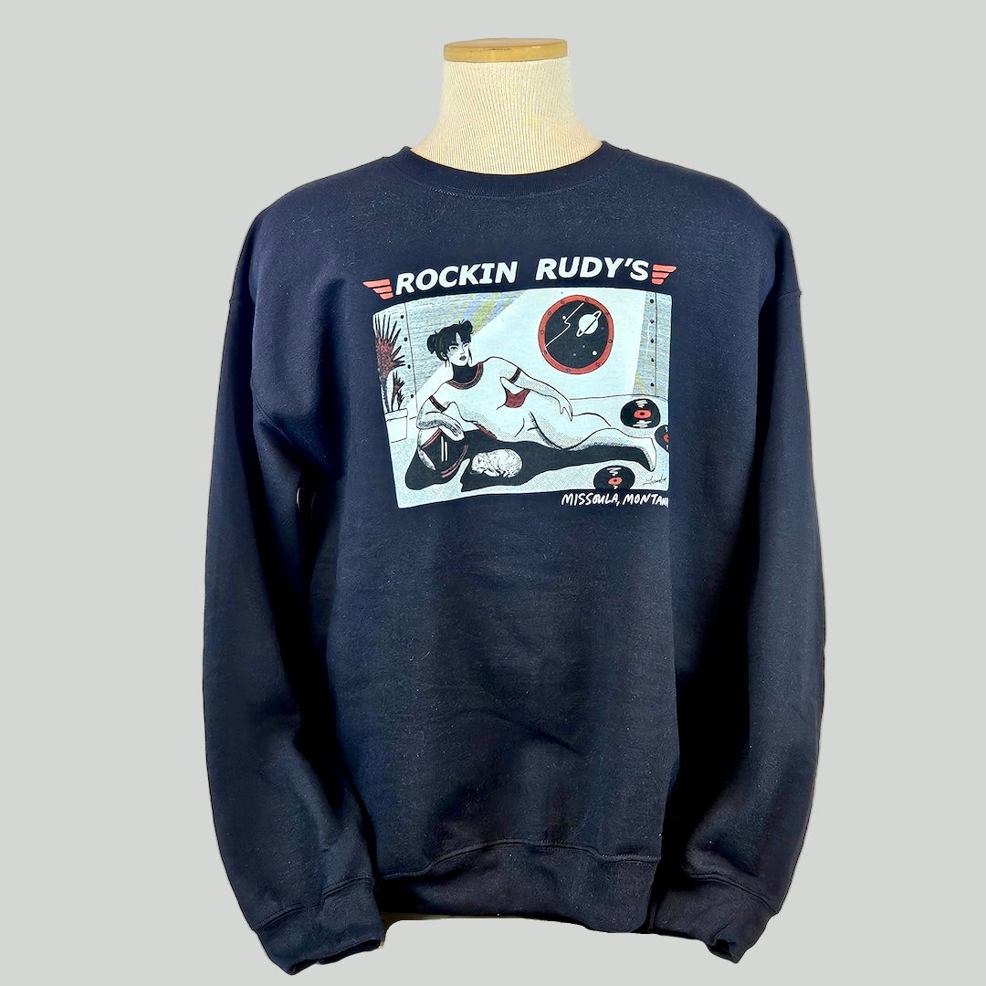 Black sweatshirt with graphic design on a mannequin against a white background