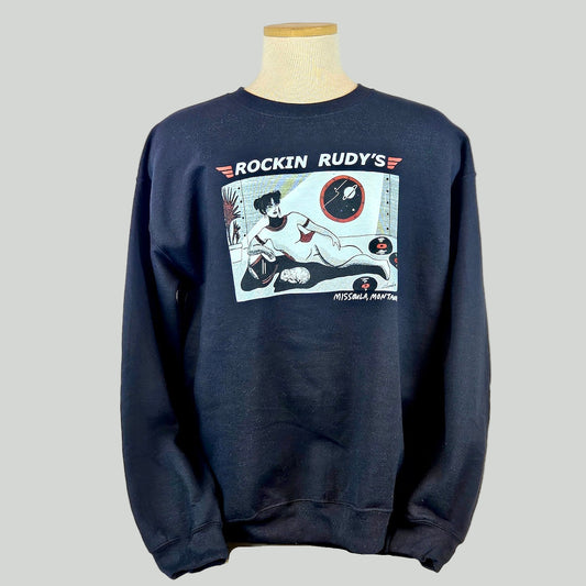 Black sweatshirt with graphic design on a mannequin against a white background